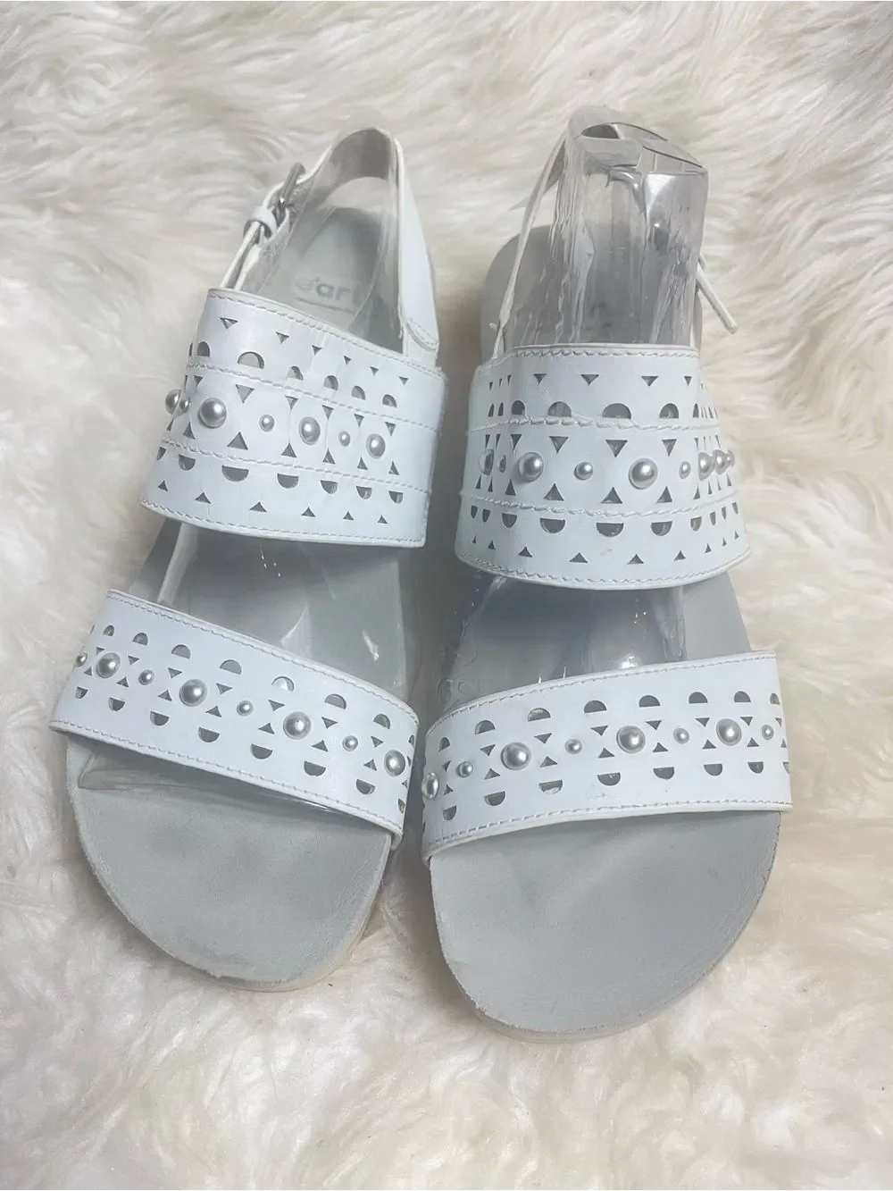 Earth White Pine Toba leather white Perforated Studded Wedge Sandals